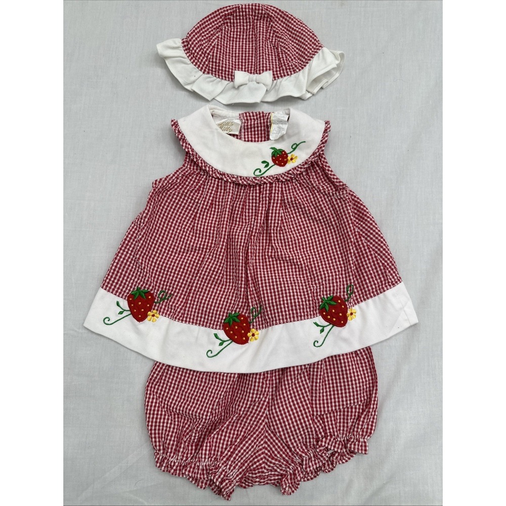 Vintage , Little Bitty Girls 6/9 Mo 3pc Set Romper Strawberry With Checked Print